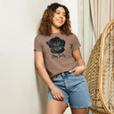 front latte Women’s waist length Stay Salty tee featuring a black Malshi (Maltese Shih Tzu) puppy graphic