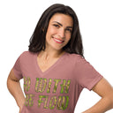 front close heather mauve Women’s V-neck Go With The Flow tee with lettering filled with foxtail fountain grass photographed in Yorba Linda, California