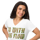 front close white Women’s V-neck Go With The Flow tee with lettering filled with foxtail fountain grass photographed in Yorba Linda, California