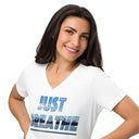 close white Women’s V-neck Just Breathe tee with lettering filled with a scenic Alaska water and mountain photograph