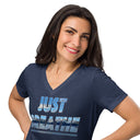 close heather navy Women’s V-neck Just Breathe tee with lettering filled with a scenic Alaska water and mountain photograph