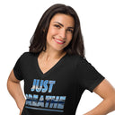 close black Women’s V-neck Just Breathe tee with lettering filled with a scenic Alaska water and mountain photograph