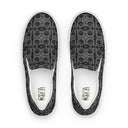 Top view of men’s white sole slip-on canvas shoes with monochrome dahlia pattern — Victoria Island Monochrome Charm
