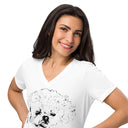front white Women’s V-neck Playful Pup tee featuring a Shih-poo (Shih Tzu Poodle mix) with her tongue sticking out
