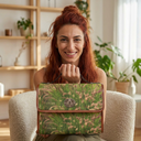 Model displaying waterproof canvas shoulder handbag with a foxtail fountain grass print from a photograph taken in California