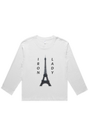 front white Women’s long sleeve Iron Lady tee featuring an Eiffel Tower photograph captured in Paris, France