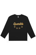 Women’s black long sleeve Sparkle tee with gold lettering and decorative accents filled from an Edinburgh chandelier photograph