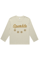 Women’s butter long sleeve Sparkle tee with gold lettering and decorative accents filled from an Edinburgh chandelier photograph