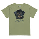 front artichoke flat Women’s waist length Stay Salty tee featuring a black Malshi (Maltese Shih Tzu) puppy graphic