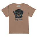 front latte flat Women’s waist length Stay Salty tee featuring a black Malshi (Maltese Shih Tzu) puppy graphic