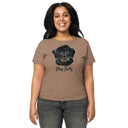front latte Women’s waist length Stay Salty tee featuring a black Malshi (Maltese Shih Tzu) puppy graphic