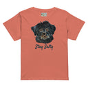 front red sorbet flat Women’s waist length Stay Salty tee featuring a black Malshi (Maltese Shih Tzu) puppy graphic