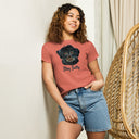 front red sorbet Women’s waist length Stay Salty tee featuring a black Malshi (Maltese Shih Tzu) puppy graphic
