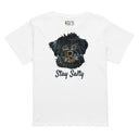 front white flat Women’s waist length Stay Salty tee featuring a black Malshi (Maltese Shih Tzu) puppy graphic