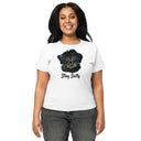 front white Women’s waist length Stay Salty tee featuring a black Malshi (Maltese Shih Tzu) puppy graphic