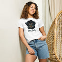 front white Women’s waist length Stay Salty tee featuring a black Malshi (Maltese Shih Tzu) puppy graphic