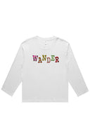 Women’s long sleeve white Wander tee with colorful letters filled with six flower photographs captured on Victoria Island in Canada