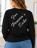 Back view of black long sleeve tee with For Heaven’s Sake lettering filled with an Aruba sunrise photograph