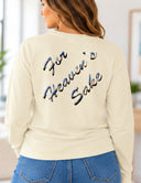Back view of butter long sleeve tee with For Heaven’s Sake lettering filled with an Aruba sunrise photograph