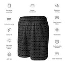 Features view of ghost model in unisex mesh shorts with monochrome dahlia pattern — Victoria Island Monochrome Charm