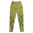Women’s crossover leggings with pockets featuring foxtail fountain grass in green and pinkish-tan tones photographed in Yorba Linda, California