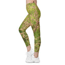 Women’s crossover leggings with pockets featuring foxtail fountain grass in green and pinkish-tan tones photographed in Yorba Linda, California