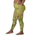 Women’s crossover leggings with pockets featuring foxtail fountain grass in green and pinkish-tan tones photographed in Yorba Linda, California