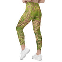 Women’s crossover leggings with pockets featuring foxtail fountain grass in green and pinkish-tan tones photographed in Yorba Linda, California