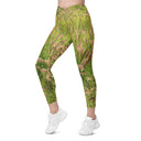 Women’s crossover leggings with pockets featuring foxtail fountain grass in green and pinkish-tan tones photographed in Yorba Linda, California