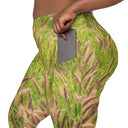Women’s crossover leggings with pockets featuring foxtail fountain grass in green and pinkish-tan tones photographed in Yorba Linda, California