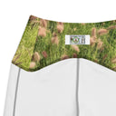 Women’s crossover leggings with pockets featuring foxtail fountain grass in green and pinkish-tan tones photographed in Yorba Linda, California