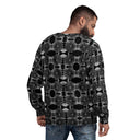 Back view of male model in unisex crew pullover sweatshirt with monochrome dahlia pattern — Victoria Island Monochrome Charm