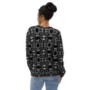 Back view of female model in unisex crew pullover sweatshirt with monochrome dahlia pattern — Victoria Island Monochrome Charm