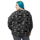 Back view of female model in unisex crew pullover sweatshirt with monochrome dahlia pattern — Victoria Island Monochrome Charm