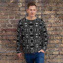 Front view of male model in unisex crew pullover sweatshirt with monochrome dahlia pattern — Victoria Island Monochrome Charm