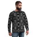 Front view of male model in unisex crew pullover sweatshirt with monochrome dahlia pattern — Victoria Island Monochrome Charm