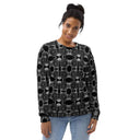 Front view of female model in unisex crew pullover sweatshirt with monochrome dahlia pattern — Victoria Island Monochrome Charm