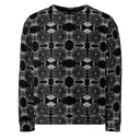 Front view of ghost model in unisex crew pullover sweatshirt with monochrome dahlia pattern — Victoria Island Monochrome Charm