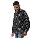 Left front view of male model in unisex crew pullover sweatshirt with monochrome dahlia pattern — Victoria Island Monochrome Charm