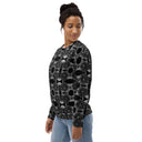 Left side view of female model in unisex crew pullover sweatshirt with monochrome dahlia pattern — Victoria Island Monochrome Charm
