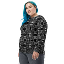 Right front view of female model in unisex crew pullover sweatshirt with monochrome dahlia pattern — Victoria Island Monochrome Charm
