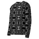Left front view of ghost model in unisex crew pullover sweatshirt with monochrome dahlia pattern — Victoria Island Monochrome Charm