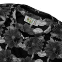 Close-up view of unisex crew pullover sweatshirt with monochrome dahlia pattern — Victoria Island Monochrome Charm