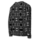 Right back view of ghost model in unisex crew pullover sweatshirt with monochrome dahlia pattern — Victoria Island Monochrome Charm