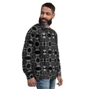 Right front view of male model in unisex crew pullover sweatshirt with monochrome dahlia pattern — Victoria Island Monochrome Charm