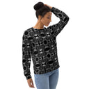 Right front view of female model in unisex crew pullover sweatshirt with monochrome dahlia pattern — Victoria Island Monochrome Charm