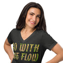front close dark grey heather Women’s V-neck Go With The Flow tee with lettering filled with foxtail fountain grass photographed in Yorba Linda, California