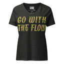 front dark grey heather ghost Women’s V-neck Go With The Flow tee with lettering filled with foxtail fountain grass photographed in Yorba Linda, California