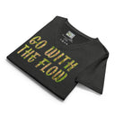 front flat dark grey heather Women’s V-neck Go With The Flow tee with lettering filled with foxtail fountain grass photographed in Yorba Linda, California