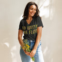 front dark grey heather Women’s V-neck Go With The Flow tee with lettering filled with foxtail fountain grass photographed in Yorba Linda, California
